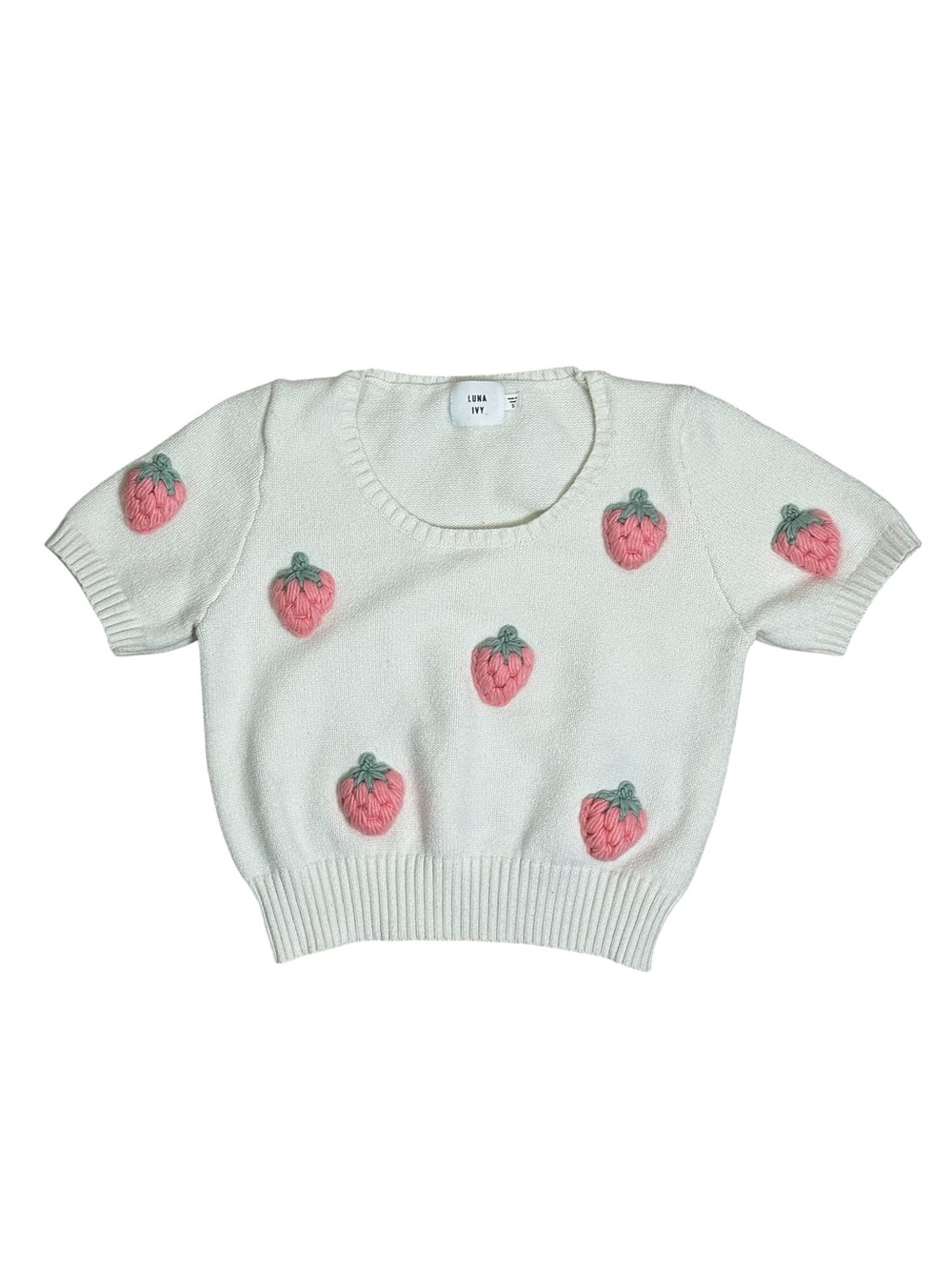 Luna Ivy Women’s S Cream 3D Strawberry Appliqués Short Sleeve Sweater
